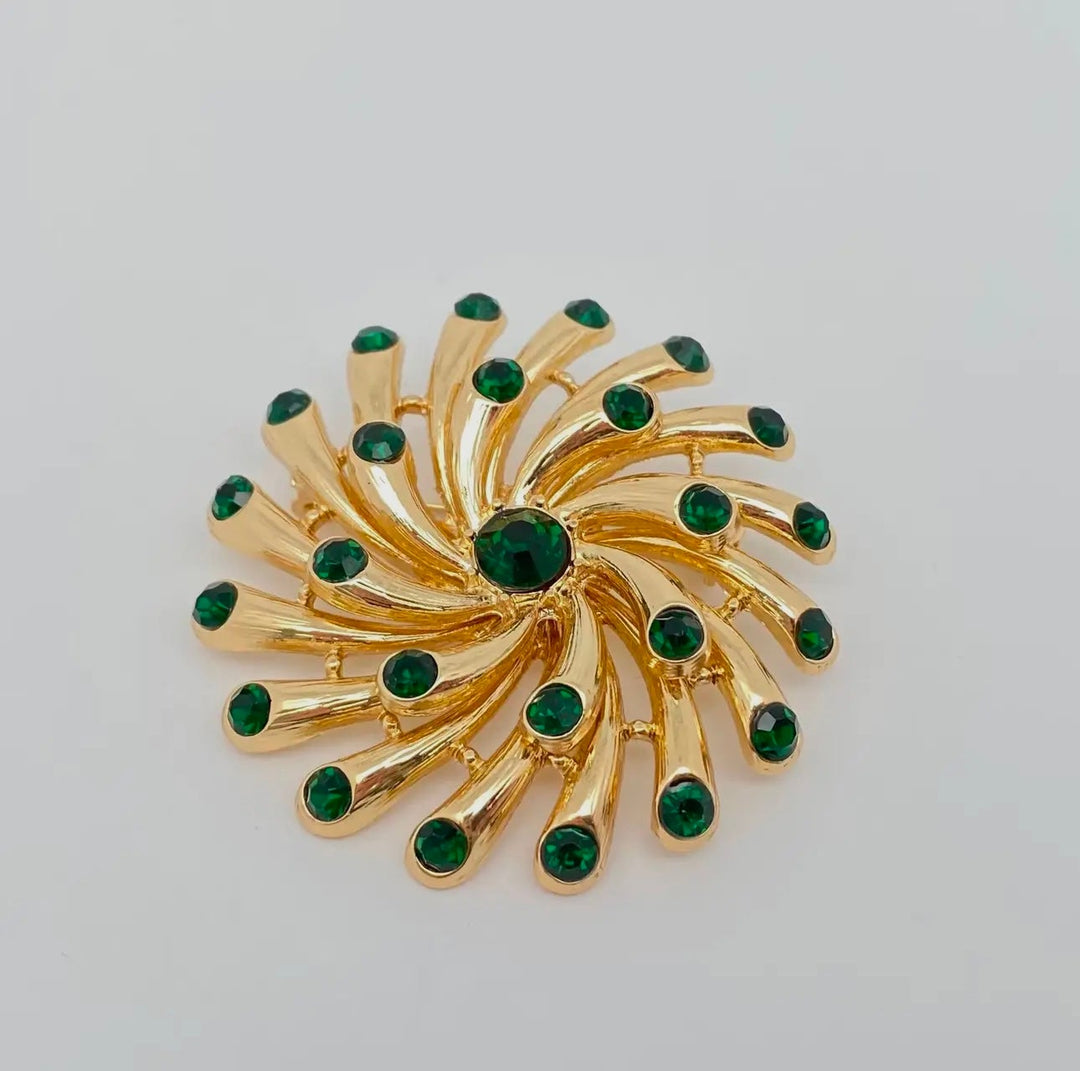 Green Rhinestone Hollow Flower Brooch