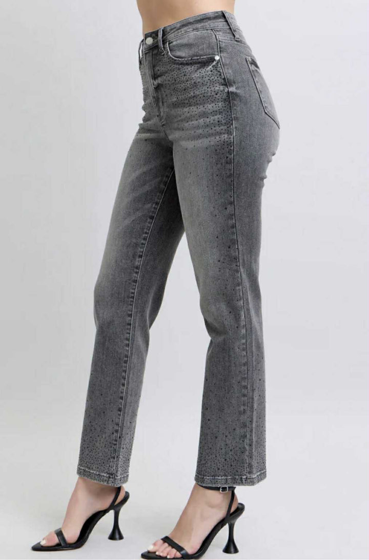 Judy Blue HW Rhinestone Straight Denim Jeans