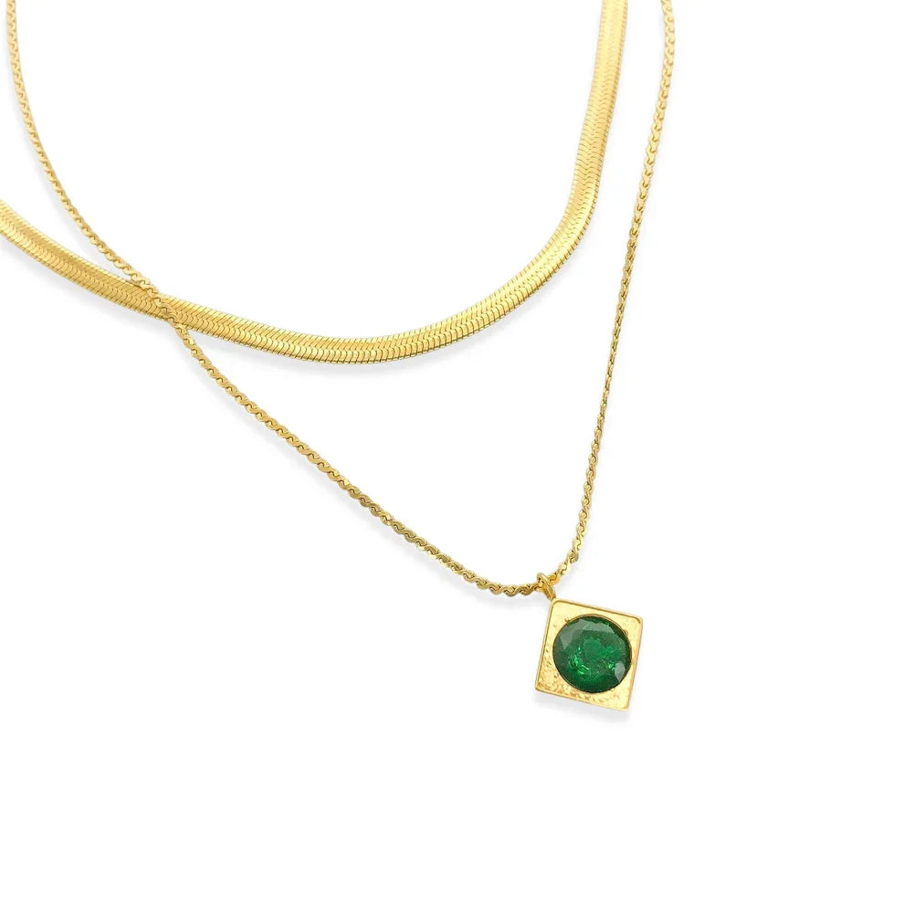 Stainless Steel Necklace With Emerald Pendant