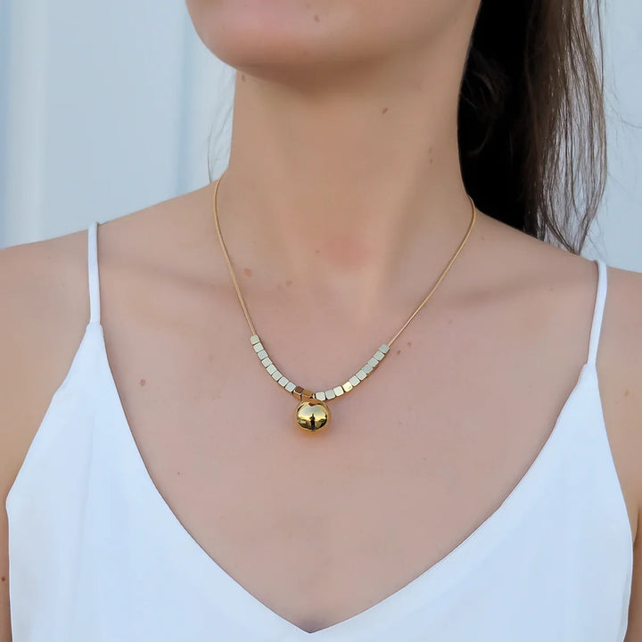 Stainless Steel Chain Necklace with Cubed Beads and Large Round Bead