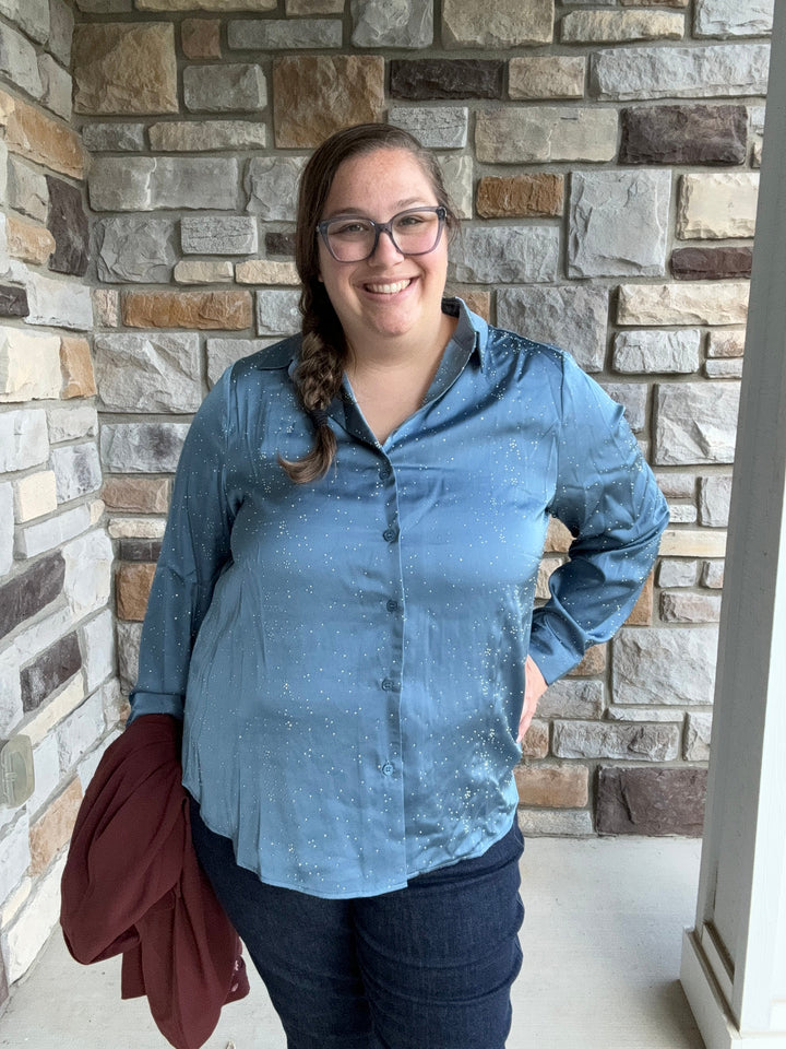 Dusty Blue Sparkle Button Down Blouse