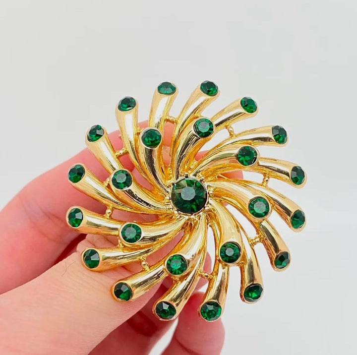 Green Rhinestone Hollow Flower Brooch