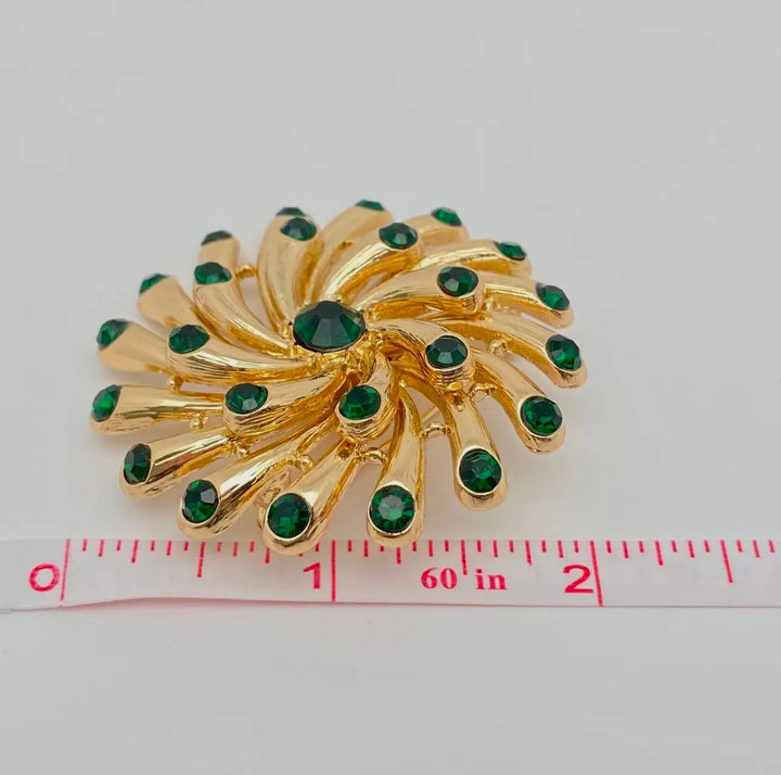 Green Rhinestone Hollow Flower Brooch