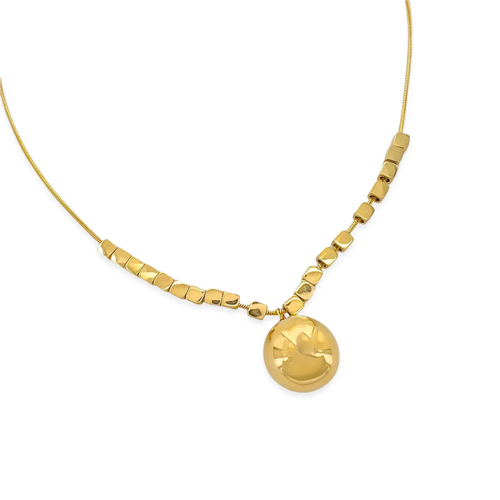 Stainless Steel Chain Necklace with Cubed Beads and Large Round Bead